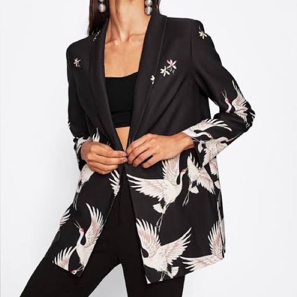 zara crane bird print blazer with sash belt Sz XS - Picture 7 of 16